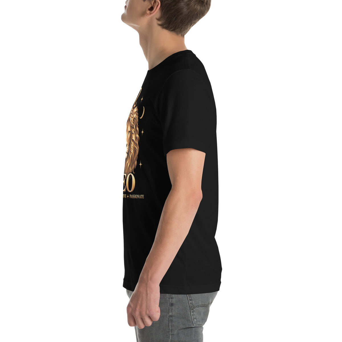 Leo zodiac t-shirt in black, left side view