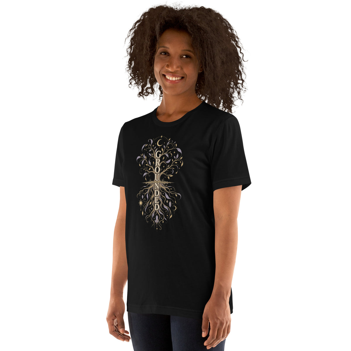 I Am Grounded affirmation design, on a black unisex t-shirt, angled left front view