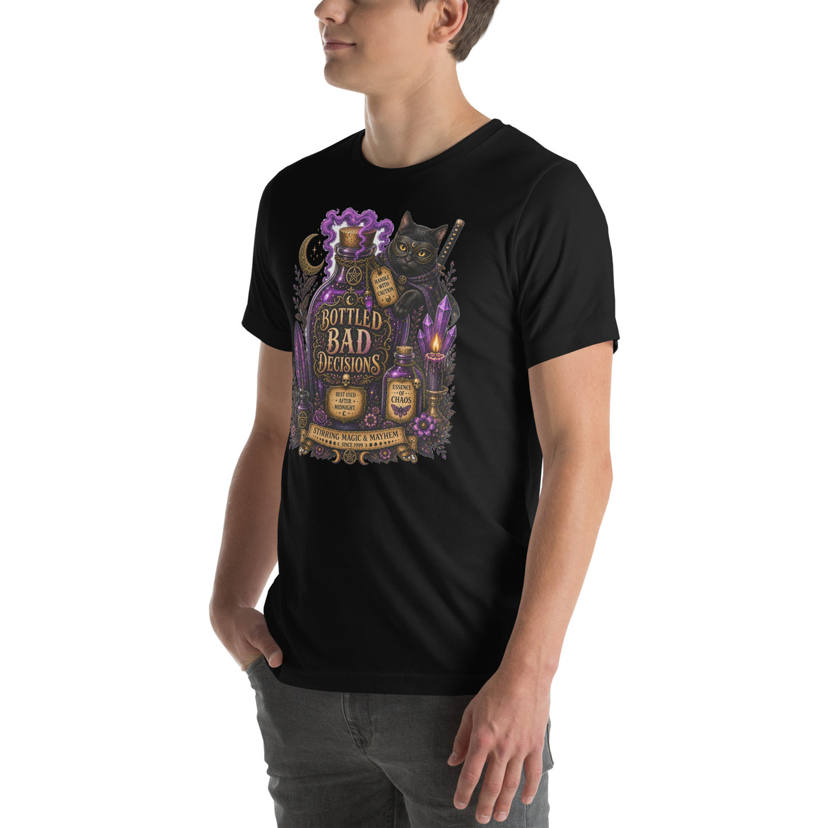 Bottled Bad Decisions whimsigoth design, a black cat and a glowing potion bottle, on a black unisex t-shirt, left front view