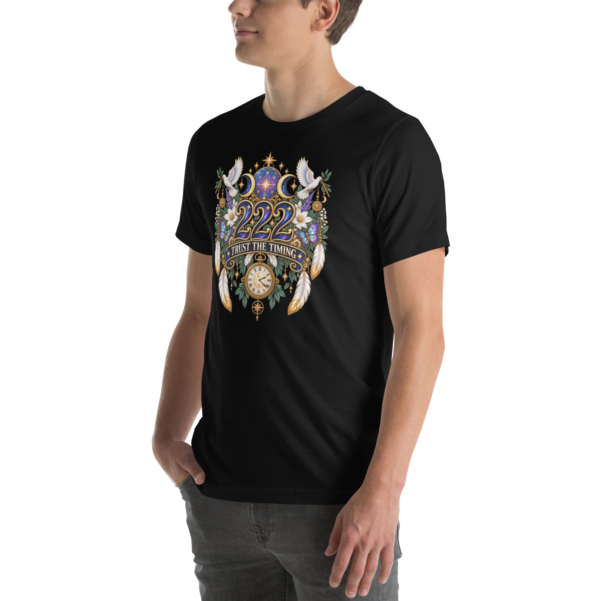 222 Trust The Timing angel number design, two white doves with olive branches, a gold pocket watch and white feathers, on a black unisex t-shirt, left front view