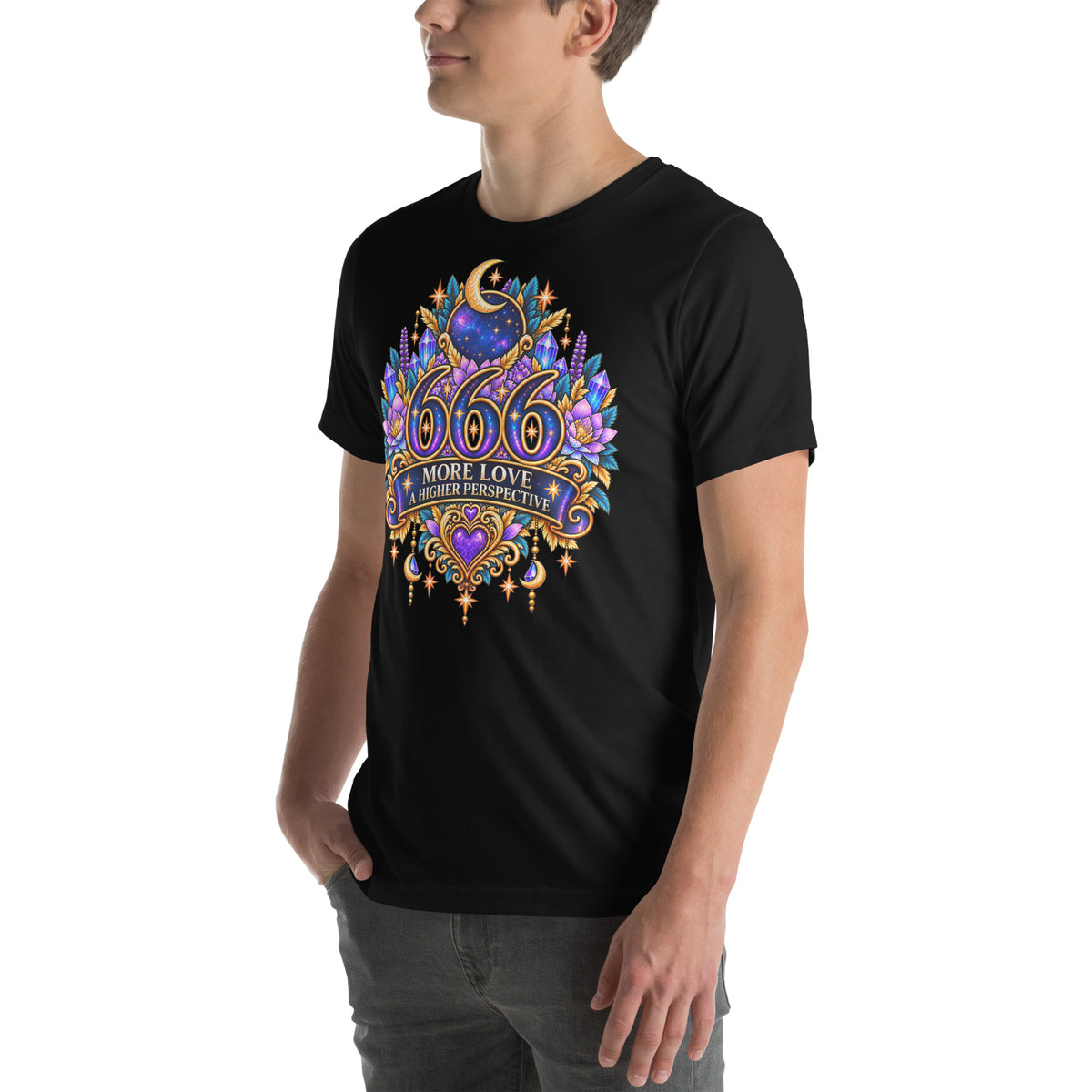 666 More Love angel number design, a crescent moon over a starry orb, with purple lotus flowers and blue crystals, on a black unisex t-shirt, left front view