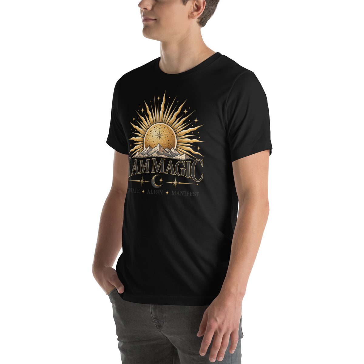 I Am Magic design with a gold sun face, Be Magical collection, on a black unisex t-shirt, angled left front view
