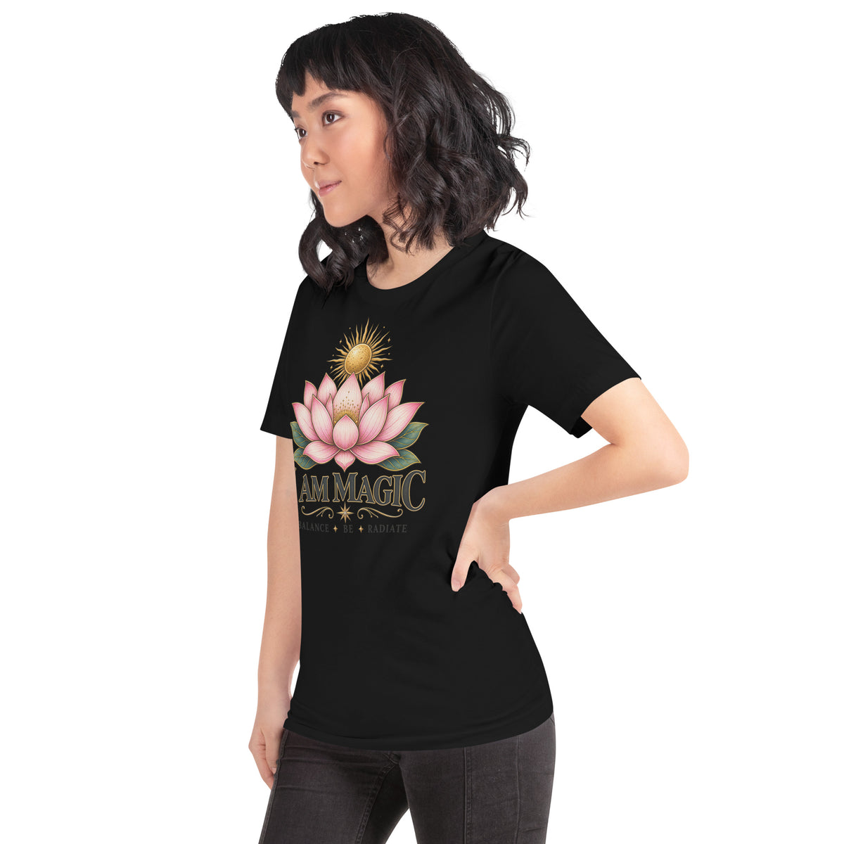 I Am Magic design with a gold lotus, Be Magical collection, on a black unisex t-shirt, angled left front view