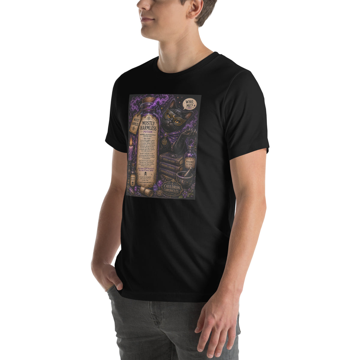 Mostly Harmless whimsigoth design, a potion bottle with a long warning label, on a black unisex t-shirt, left front view