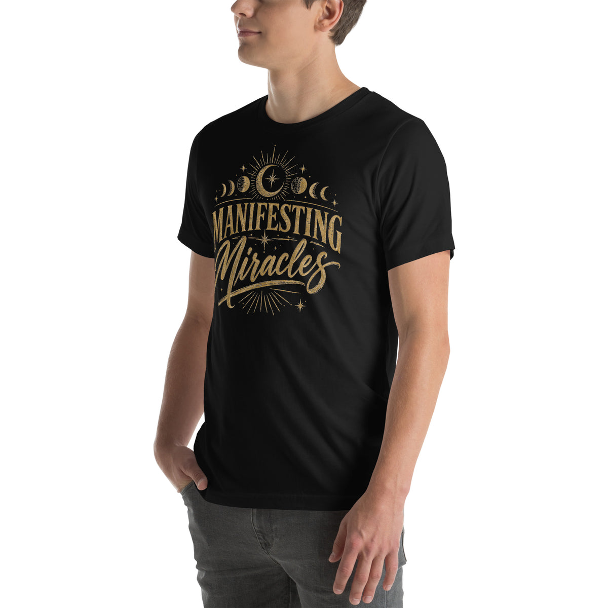 Manifesting Miracles design with moon phases in antique gold, on a black unisex t-shirt, angled left front view