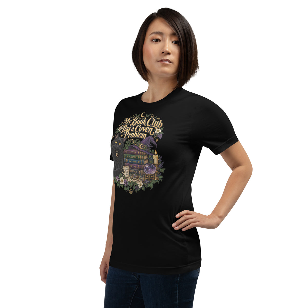 My Book Club Has A Coven Problem dark academia design, a witchy black cat and a stack of spellbooks, on a black unisex t-shirt, left front view