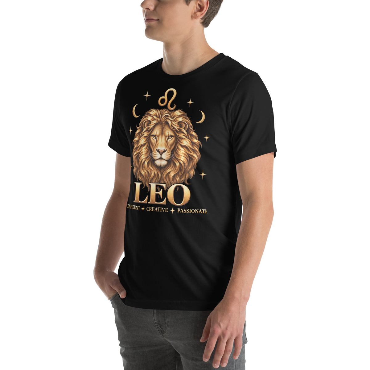 Leo zodiac t-shirt in black, front view angled left