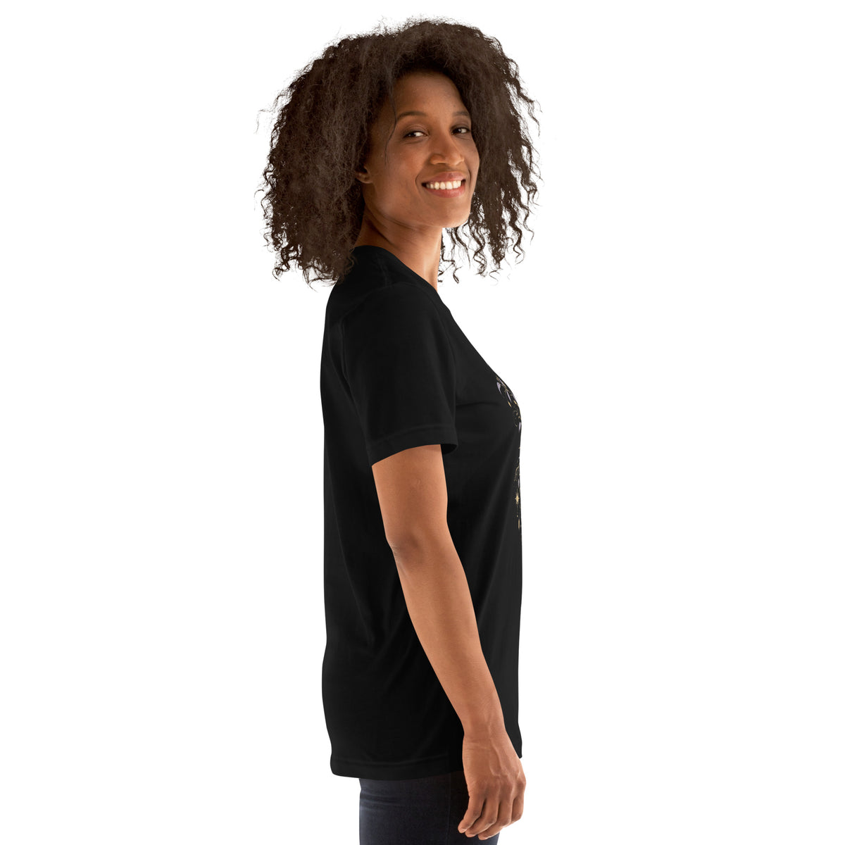 I Am Grounded affirmation design, on a black unisex t-shirt, right side view