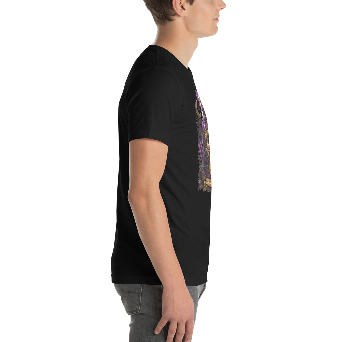 Bottled Bad Decisions whimsigoth design, a black cat and a glowing potion bottle, on a black unisex t-shirt, right side view