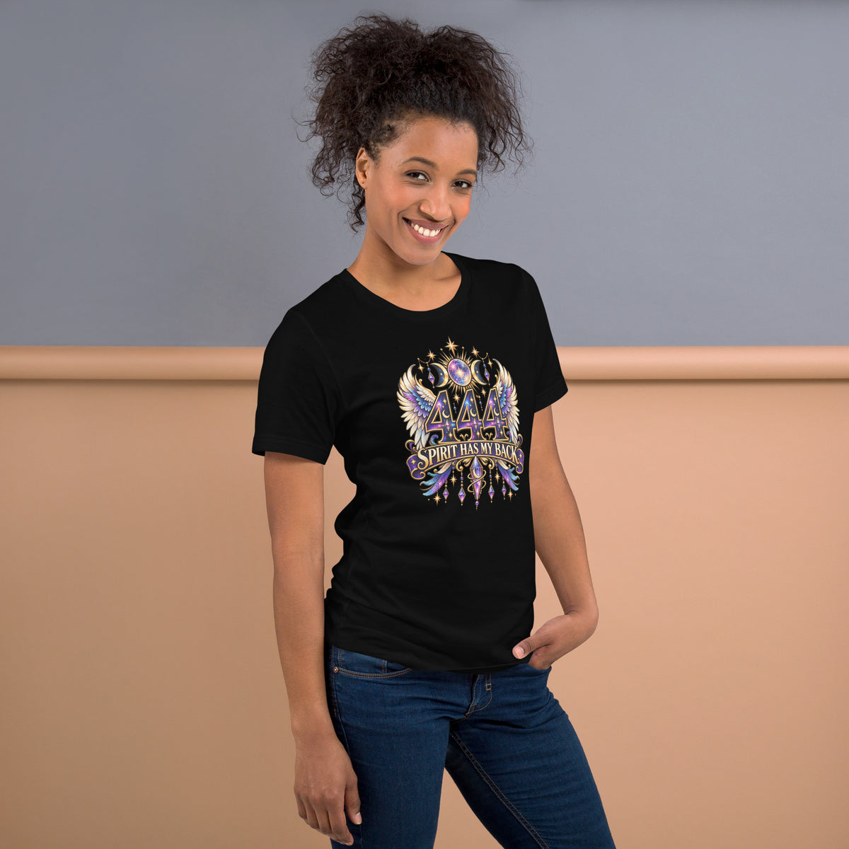 444 Spirit Has My Back angel number design, angel wings flanking the number beneath a galaxy orb and crescent moons, on a black unisex t-shirt, right side view
