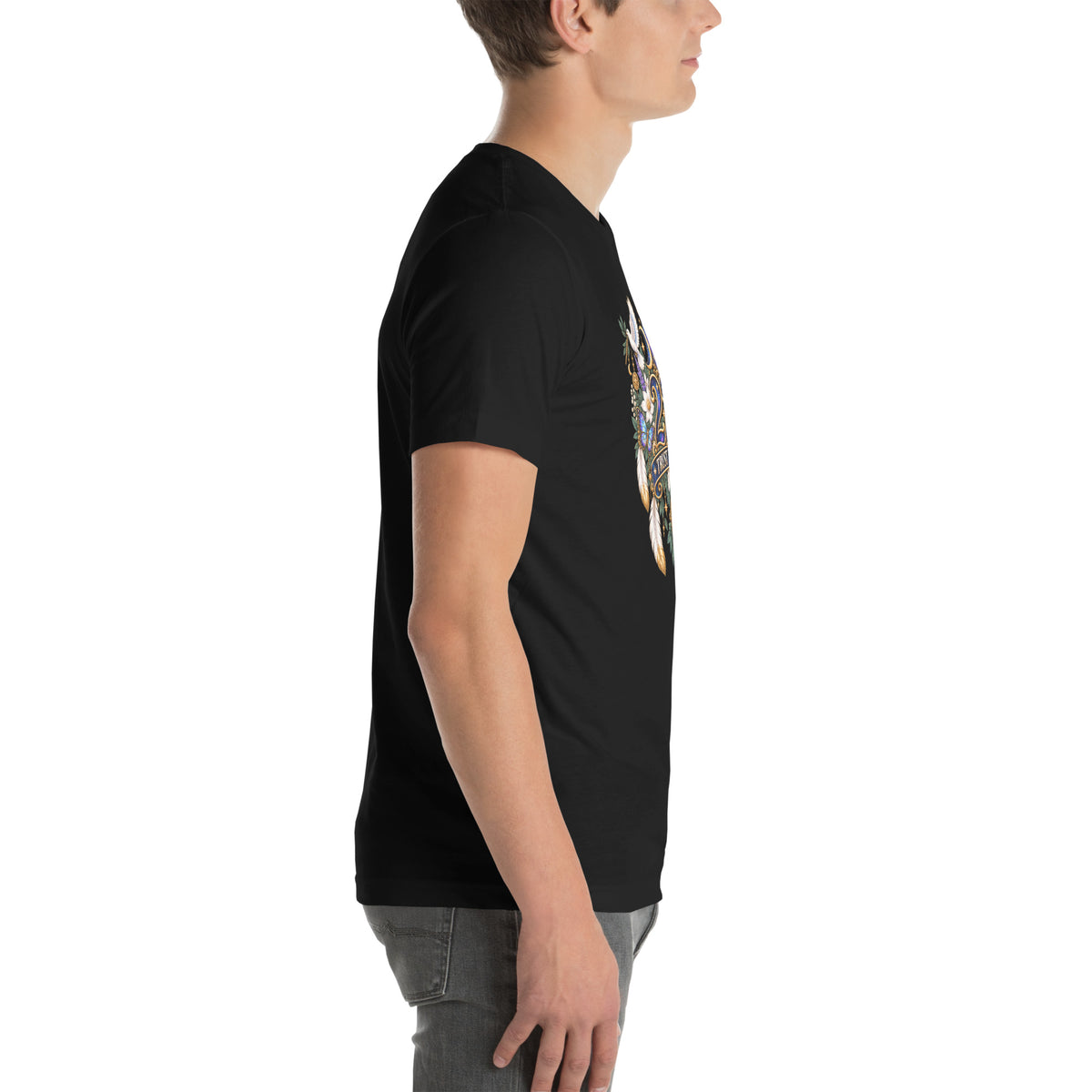 222 Trust The Timing angel number design, two white doves with olive branches, a gold pocket watch and white feathers, on a black unisex t-shirt, right side view