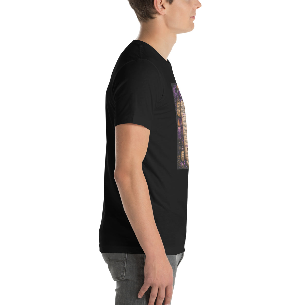 Mostly Harmless whimsigoth design, a potion bottle with a long warning label, on a black unisex t-shirt, right side view