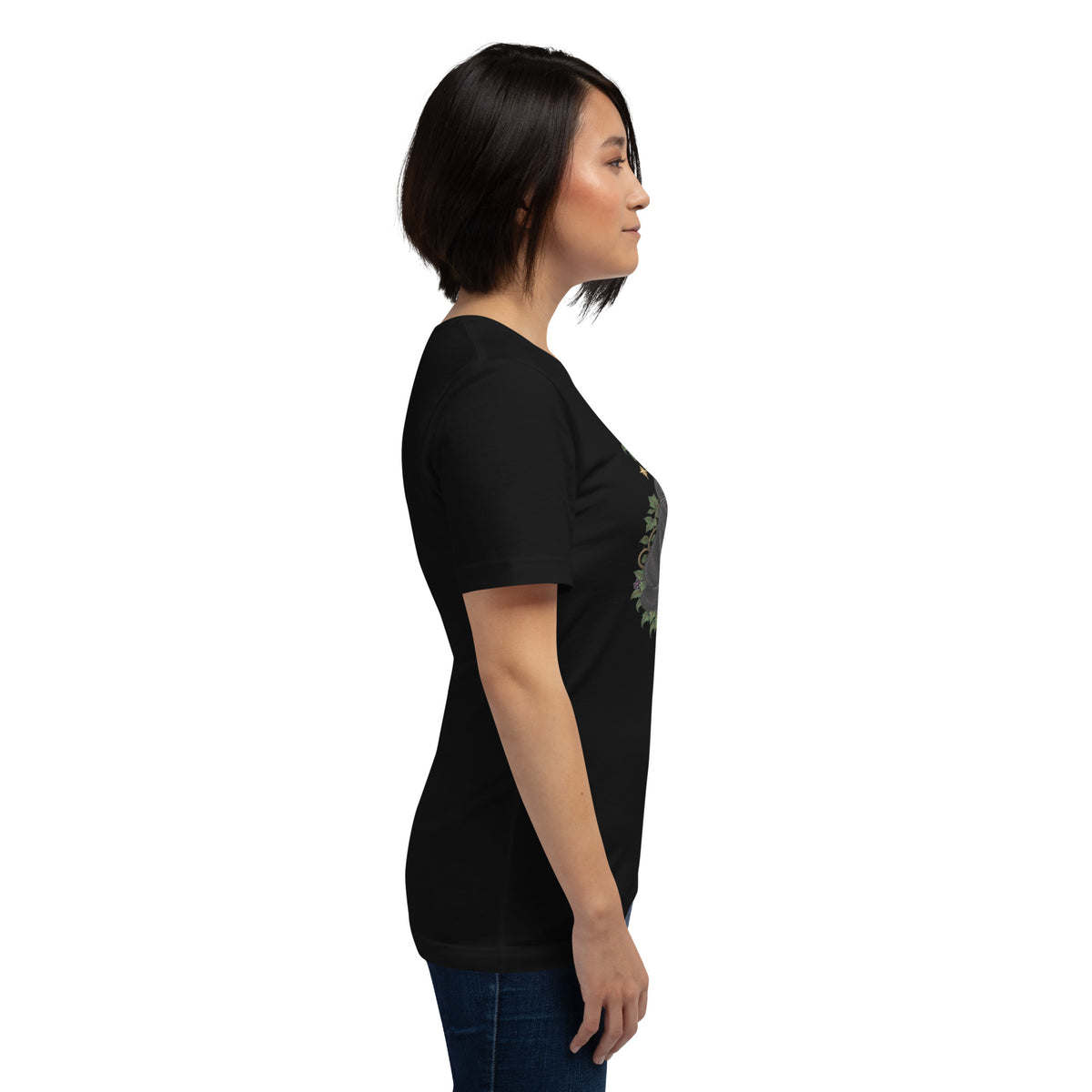 My Book Club Has A Coven Problem dark academia design, a witchy black cat and a stack of spellbooks, on a black unisex t-shirt, right side view