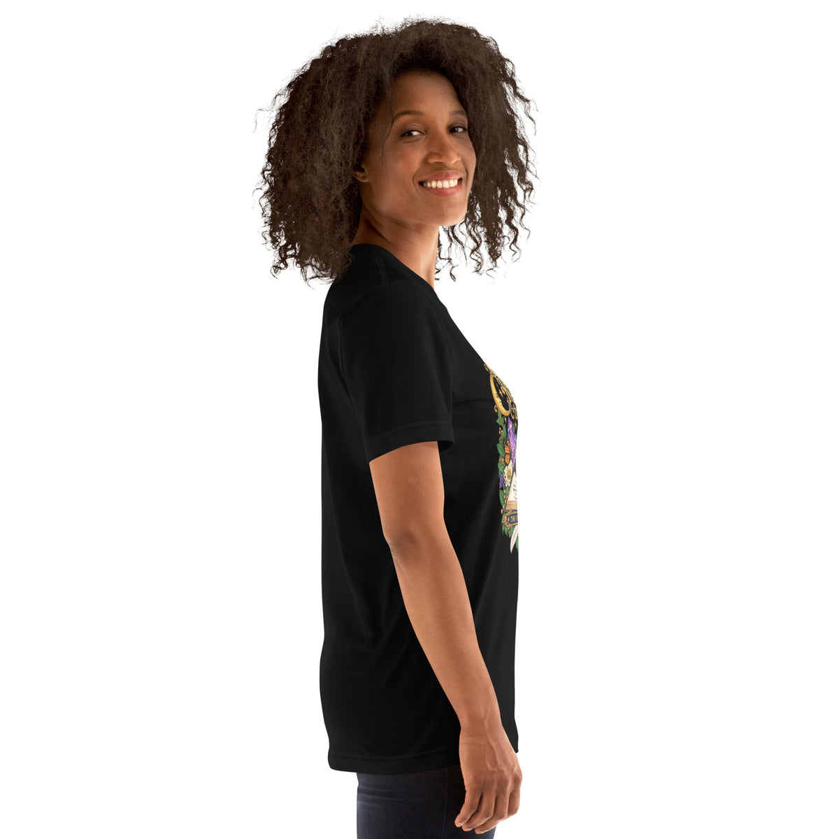 Currently Reading The Signs dark academia design, two black cats asleep over an open book beneath a crescent moon, on a black unisex t-shirt, right side view