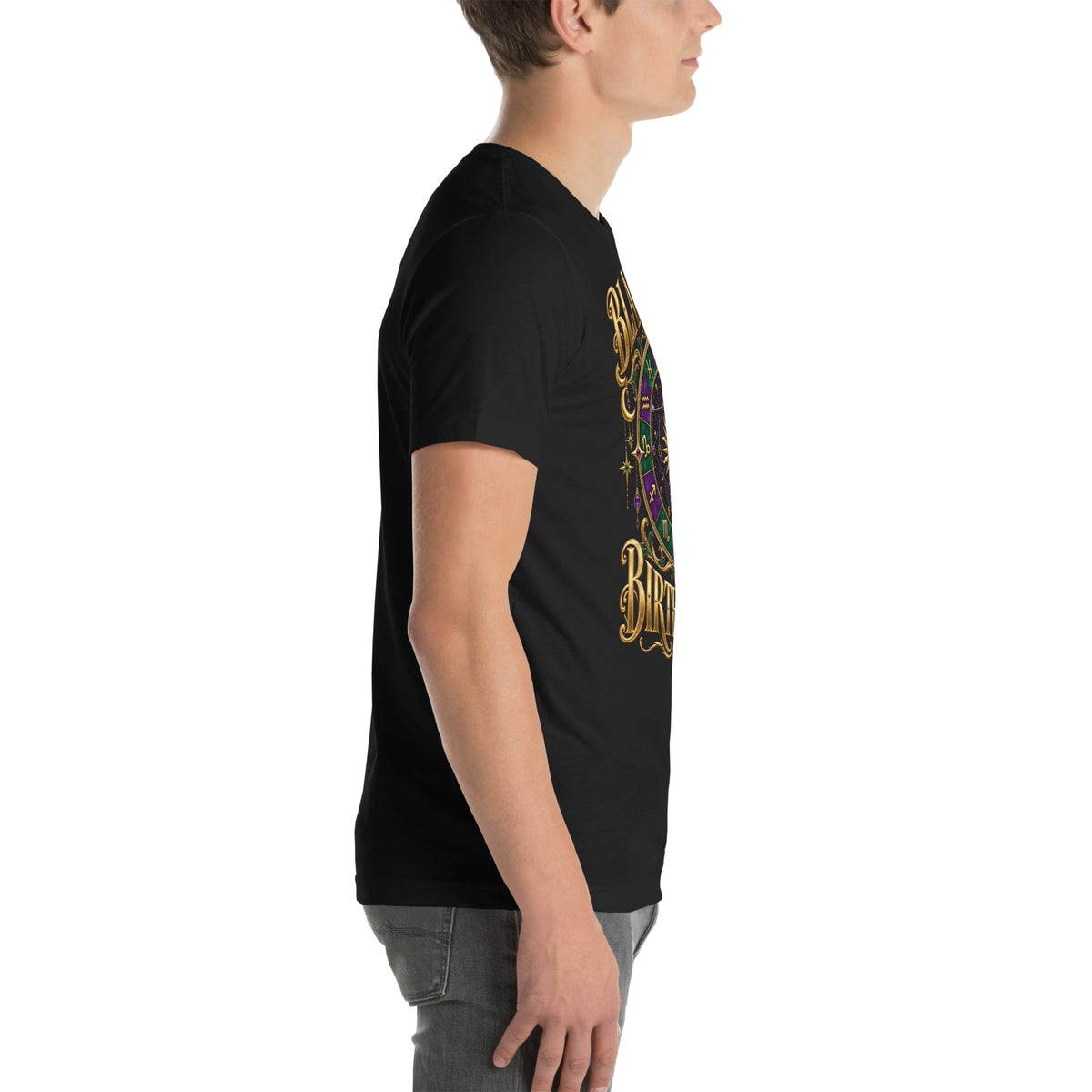 Blame My Birth Chart astrology design, a purple and green zodiac wheel with a gold sun face and crescent moon at its center, hung with gold ornaments, on a black unisex t-shirt, right view