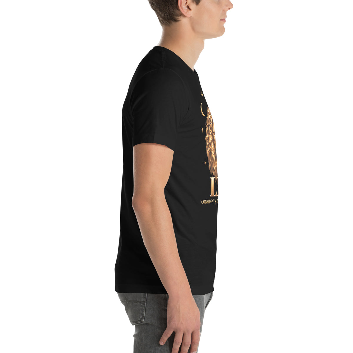 Leo zodiac t-shirt in black, right side view