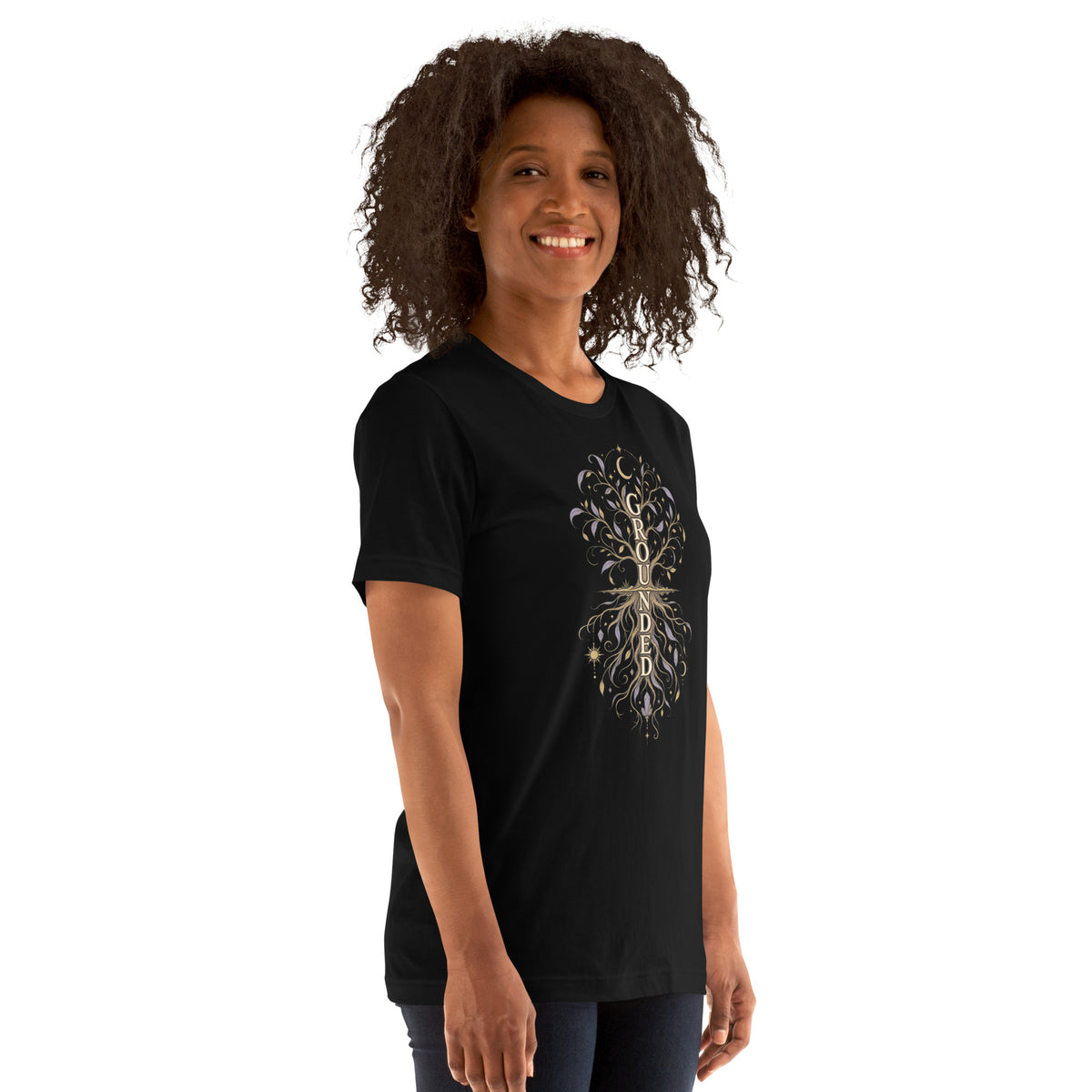I Am Grounded affirmation design, on a black unisex t-shirt, angled right front view