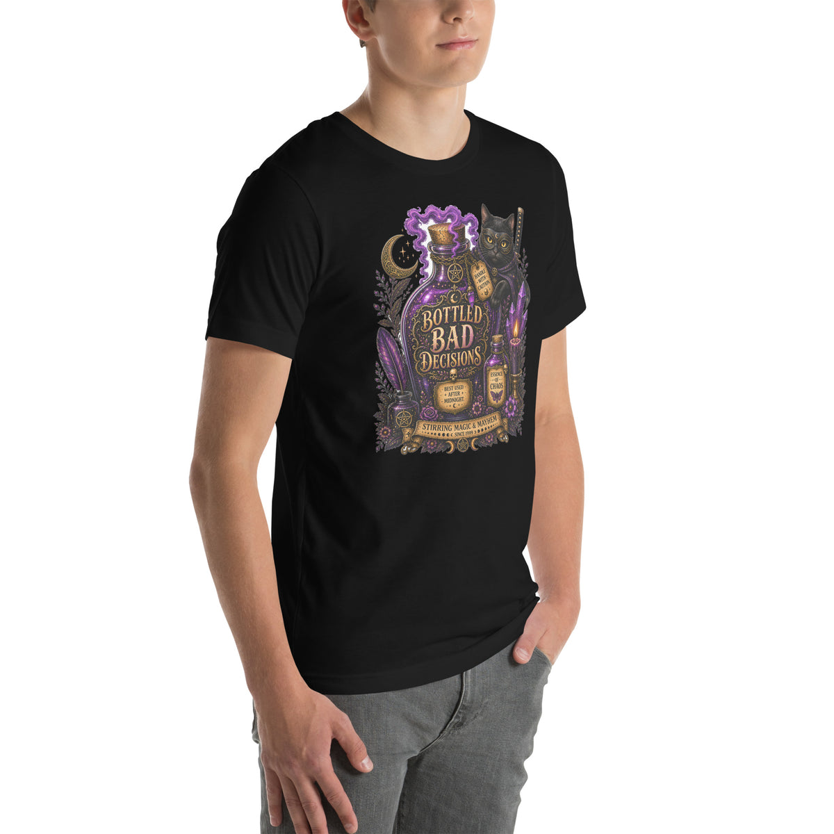 Bottled Bad Decisions whimsigoth design, a black cat and a glowing potion bottle, on a black unisex t-shirt, right front view