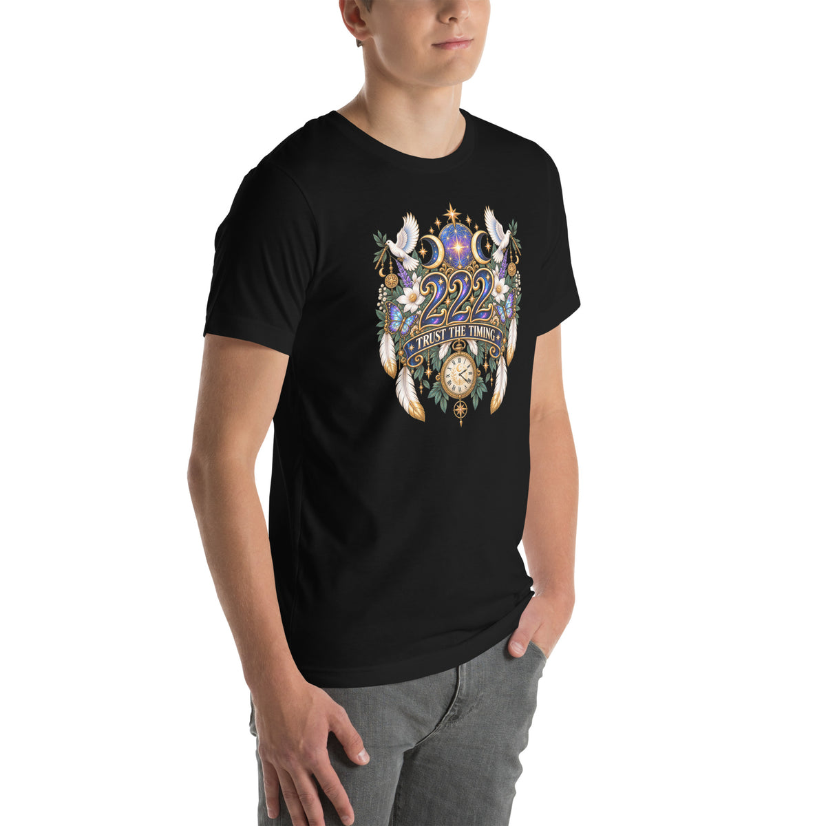 222 Trust The Timing angel number design, two white doves with olive branches, a gold pocket watch and white feathers, on a black unisex t-shirt, right front view