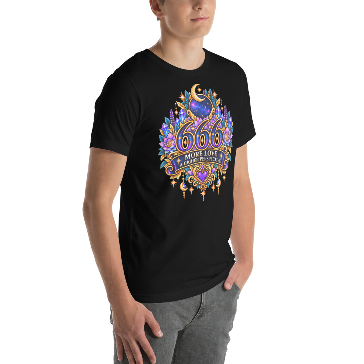666 More Love angel number design, a crescent moon over a starry orb, with purple lotus flowers and blue crystals, on a black unisex t-shirt, right front view