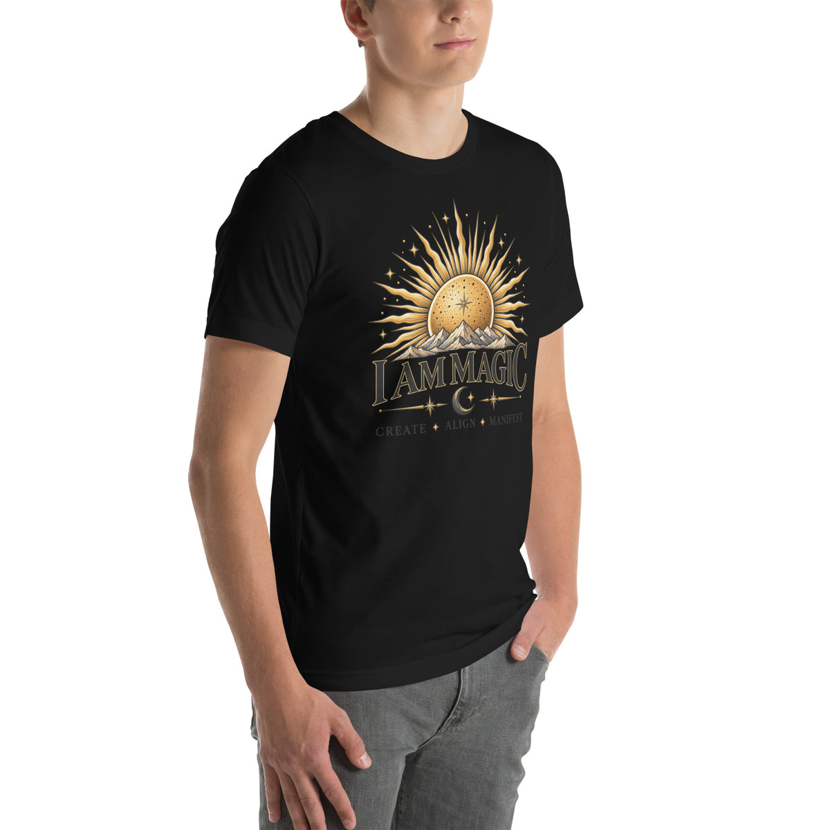 I Am Magic design with a gold sun face, Be Magical collection, on a black unisex t-shirt, angled right front view