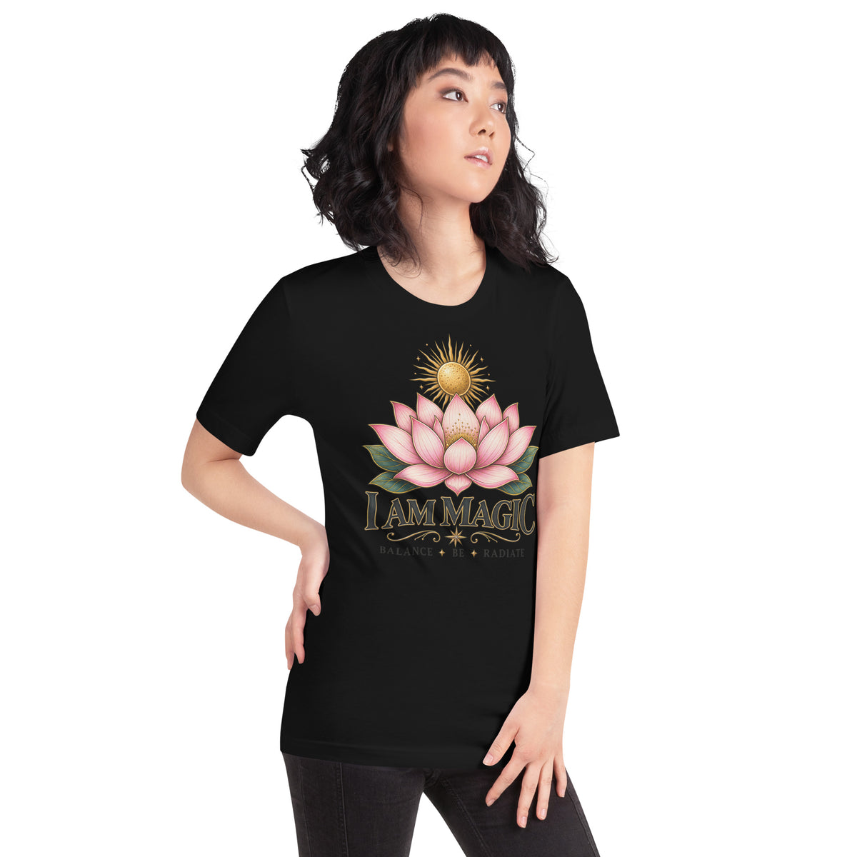 I Am Magic design with a gold lotus, Be Magical collection, on a black unisex t-shirt, angled right front view