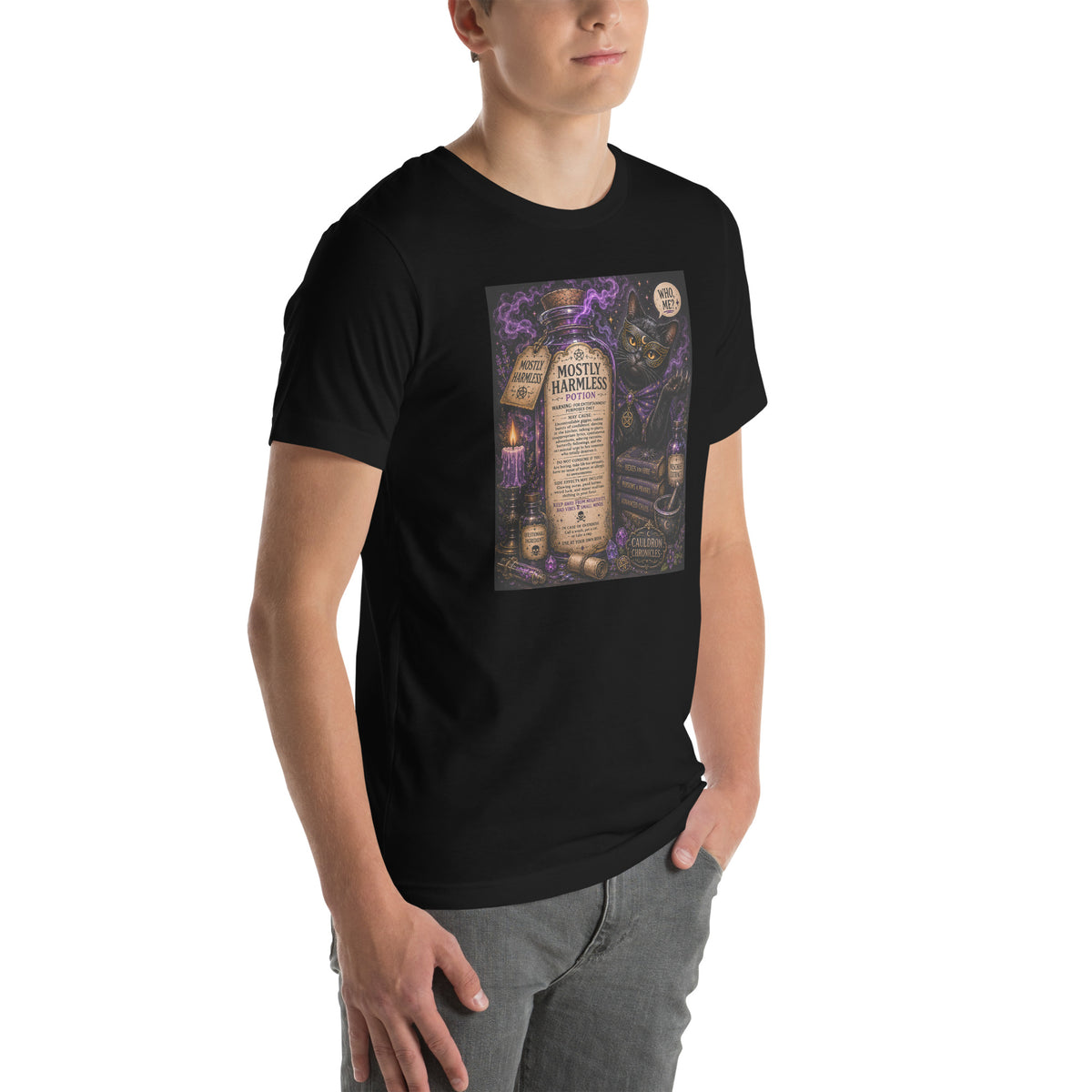 Mostly Harmless whimsigoth design, a potion bottle with a long warning label, on a black unisex t-shirt, right front view