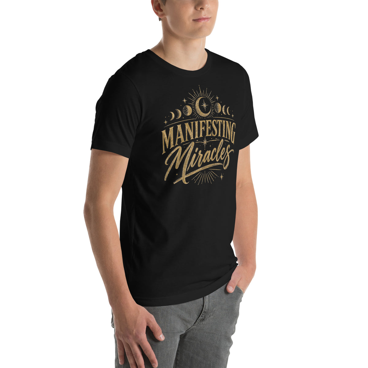 Manifesting Miracles design with moon phases in antique gold, on a black unisex t-shirt, angled right front view