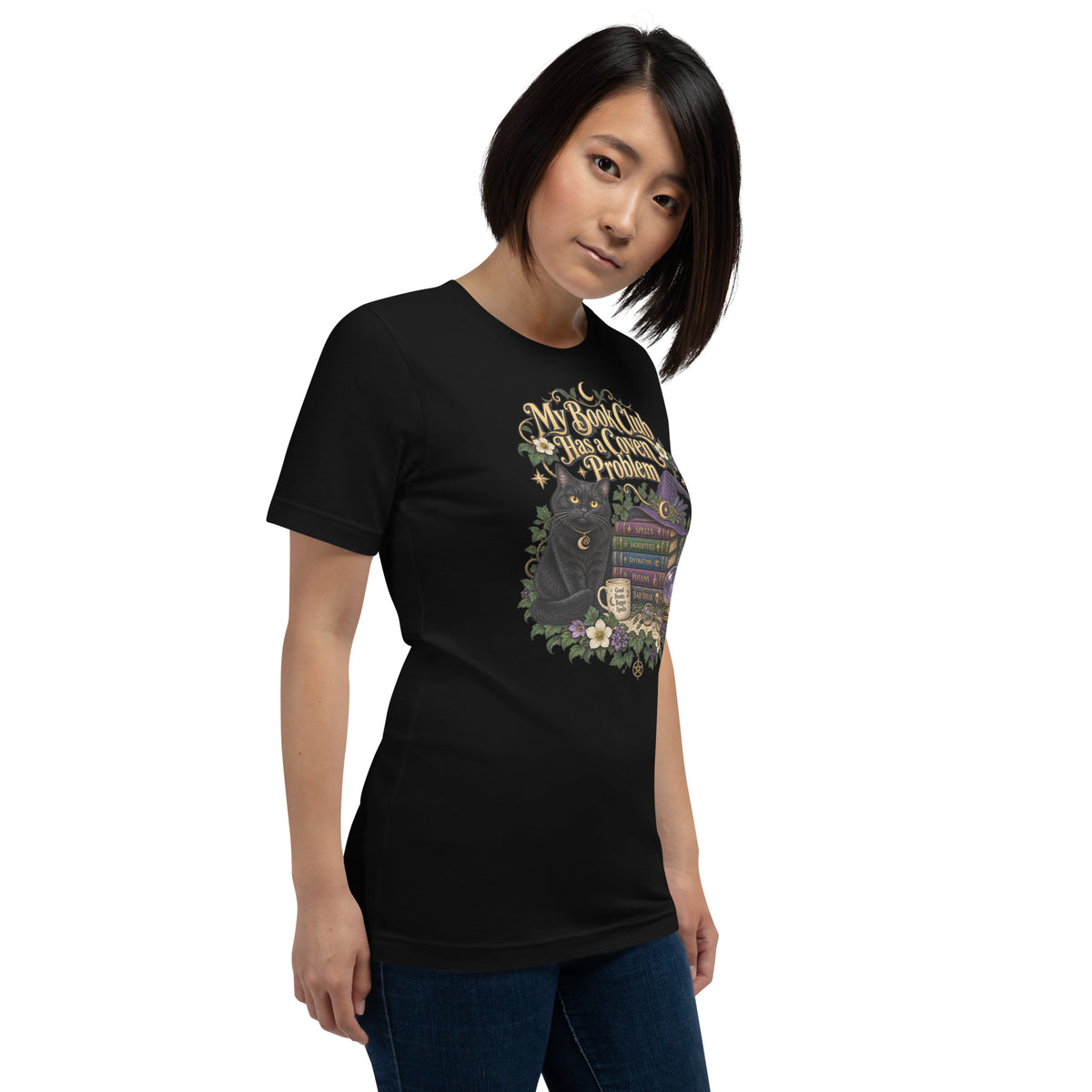 My Book Club Has A Coven Problem dark academia design, a witchy black cat and a stack of spellbooks, on a black unisex t-shirt, right front view