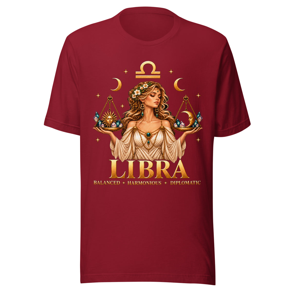 Libra zodiac t-shirt in cardinal, front: a woman holding golden scales in a night sky of gold stars with the Libra glyph