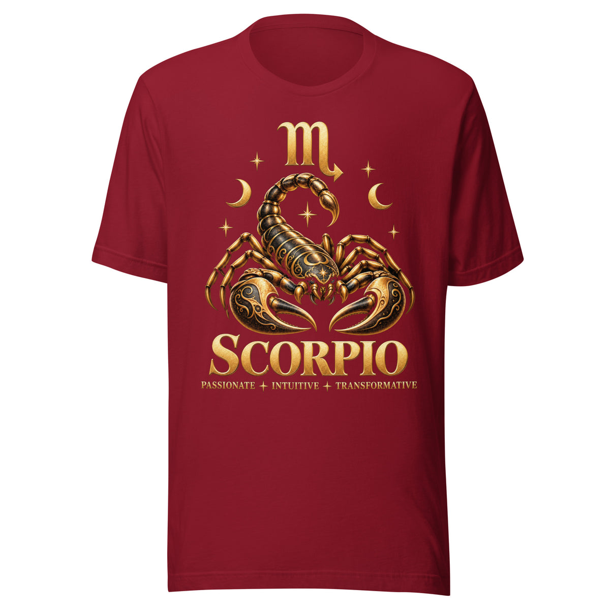 Scorpio zodiac t-shirt in cardinal, front: a golden scorpion in a night sky of gold stars with the Scorpio glyph