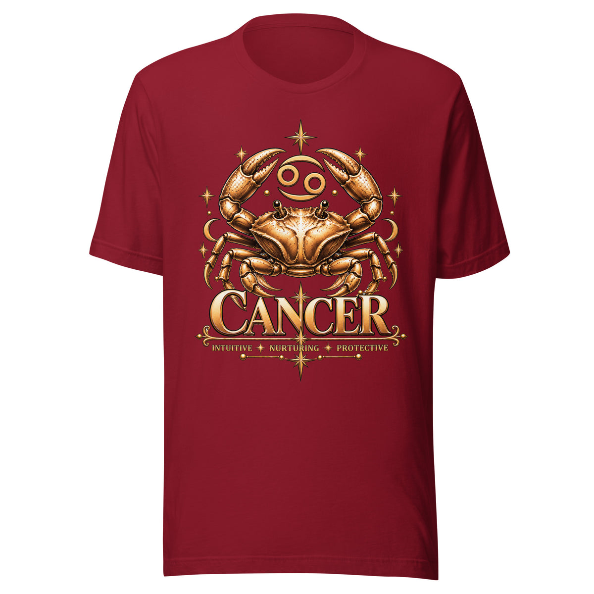 Cancer zodiac t-shirt in cardinal, front: a golden crab with claws raised in a night sky of gold stars
