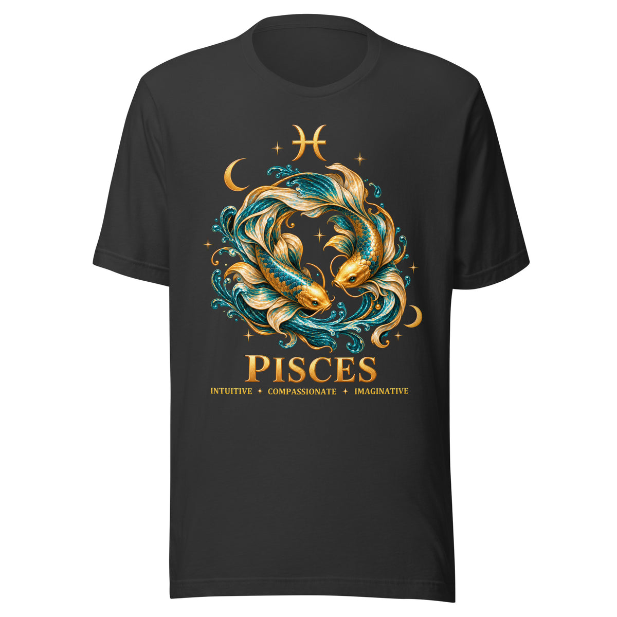 Pisces zodiac t-shirt in dark grey, front: two gold and teal koi in a night sky of gold stars with the Pisces glyph