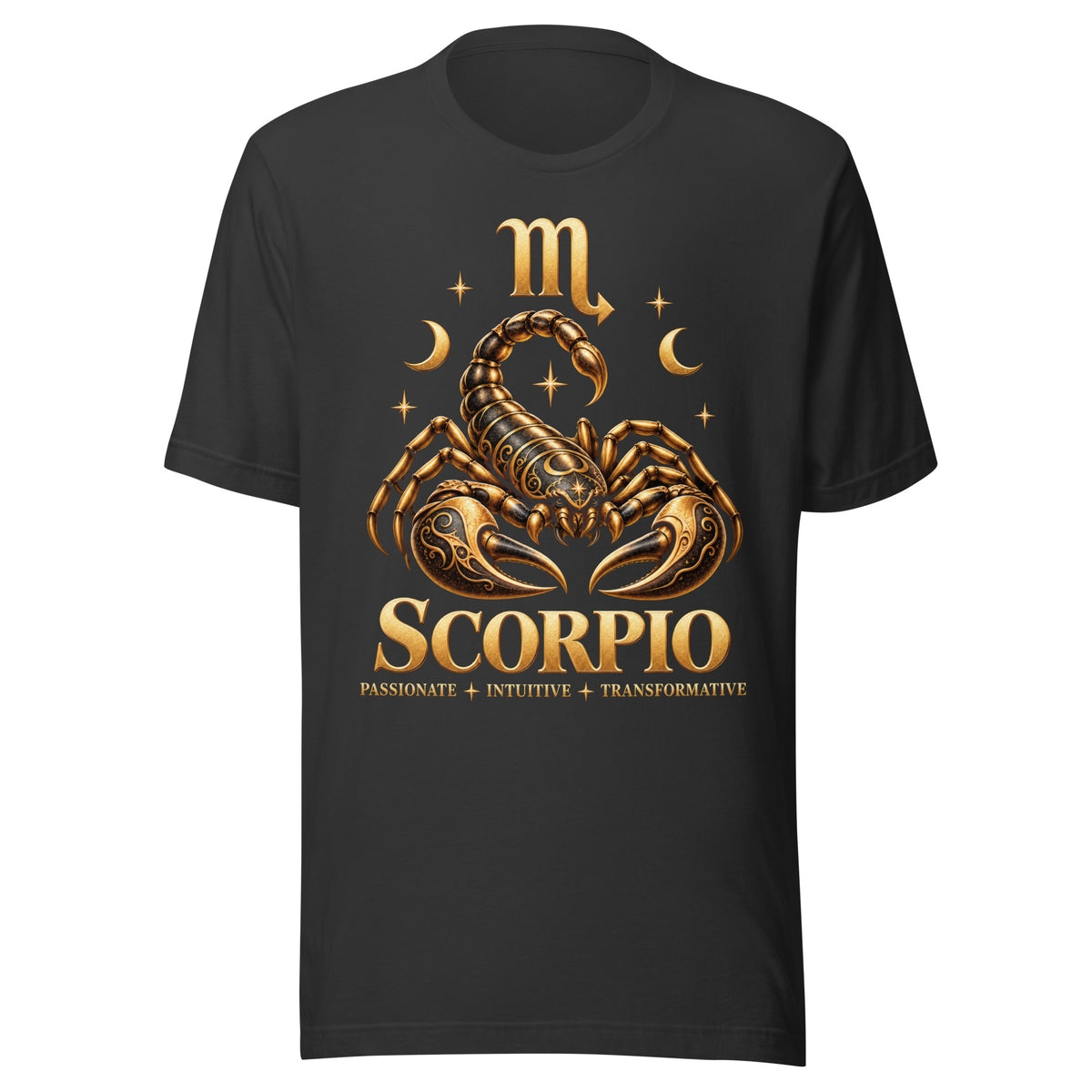 Scorpio zodiac t-shirt in dark grey, front: a golden scorpion in a night sky of gold stars with the Scorpio glyph