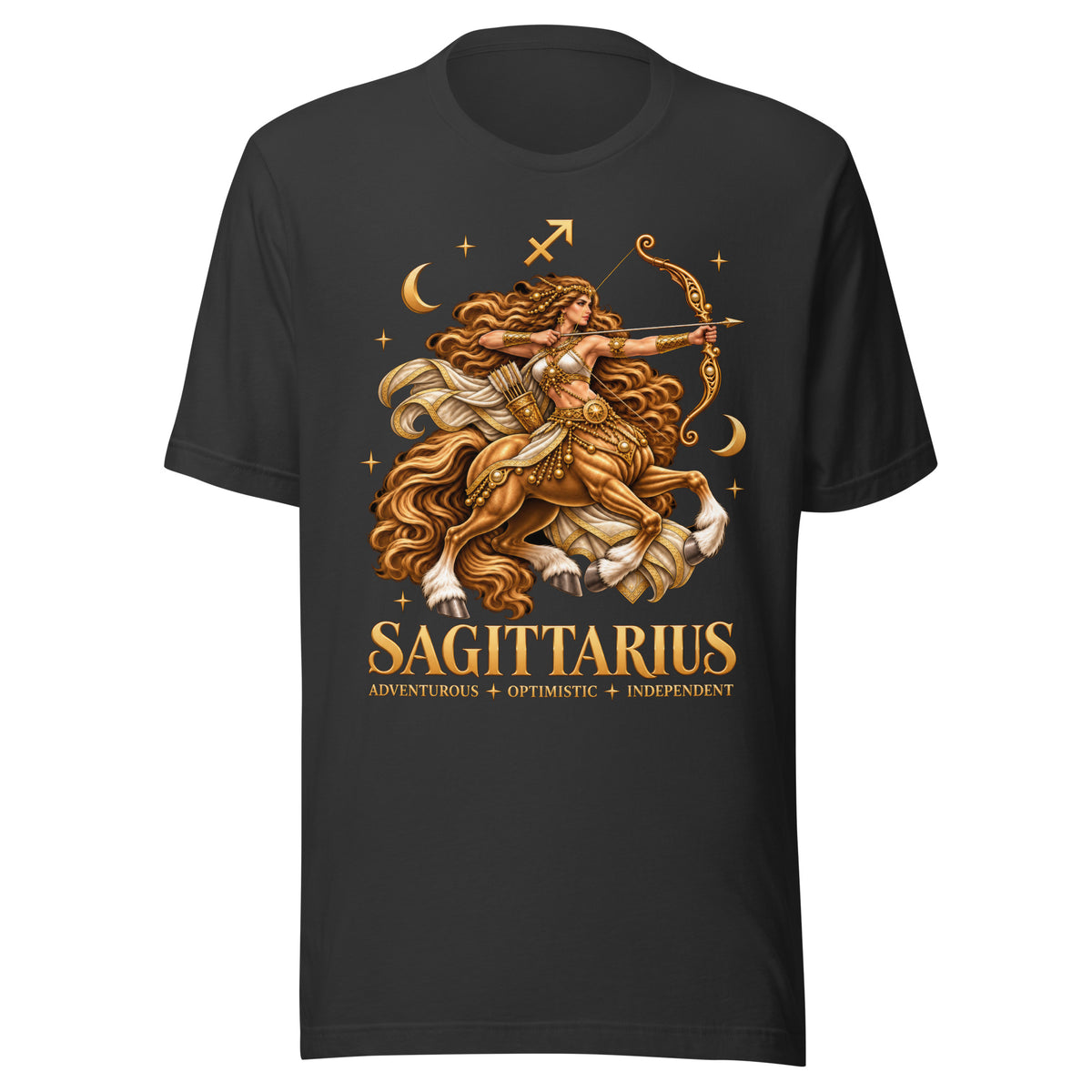Sagittarius zodiac t-shirt in dark grey, front: a golden centaur archer in a night sky of gold stars with the Sagittarius glyph