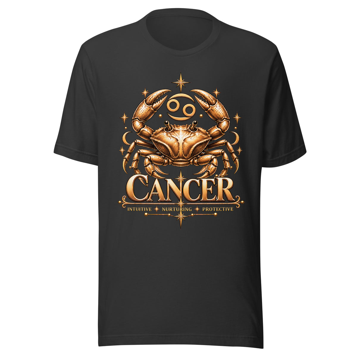 Cancer zodiac t-shirt in dark grey, front: a golden crab with claws raised in a night sky of gold stars
