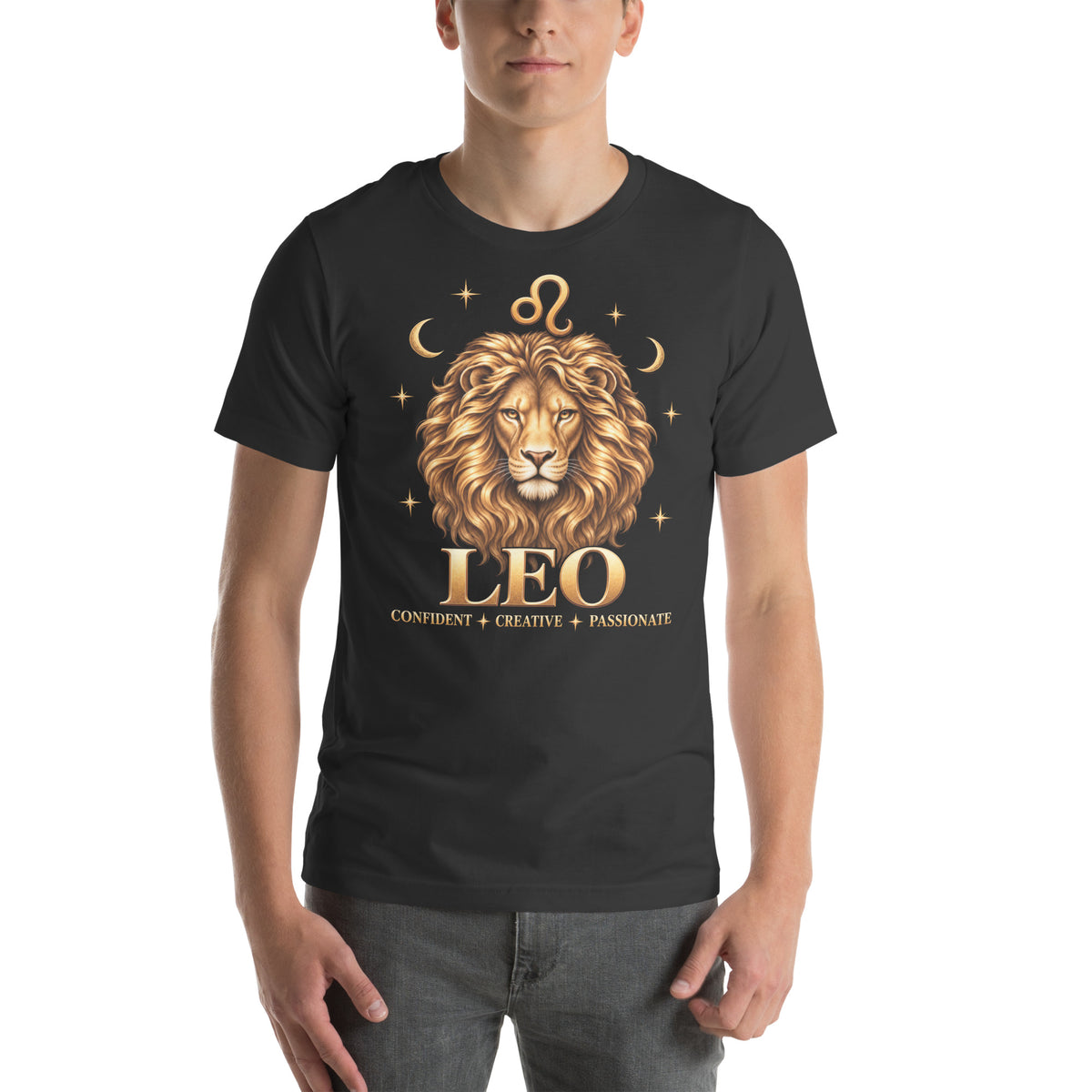 Leo zodiac t-shirt in dark grey, front: a golden lion with a full flowing mane in a night sky of gold stars