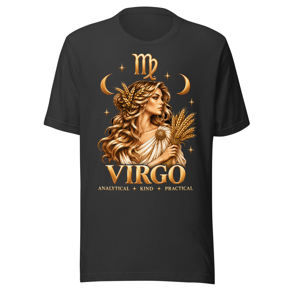 Virgo zodiac t-shirt in dark grey, front: a golden maiden holding a sheaf of wheat in a night sky of gold stars