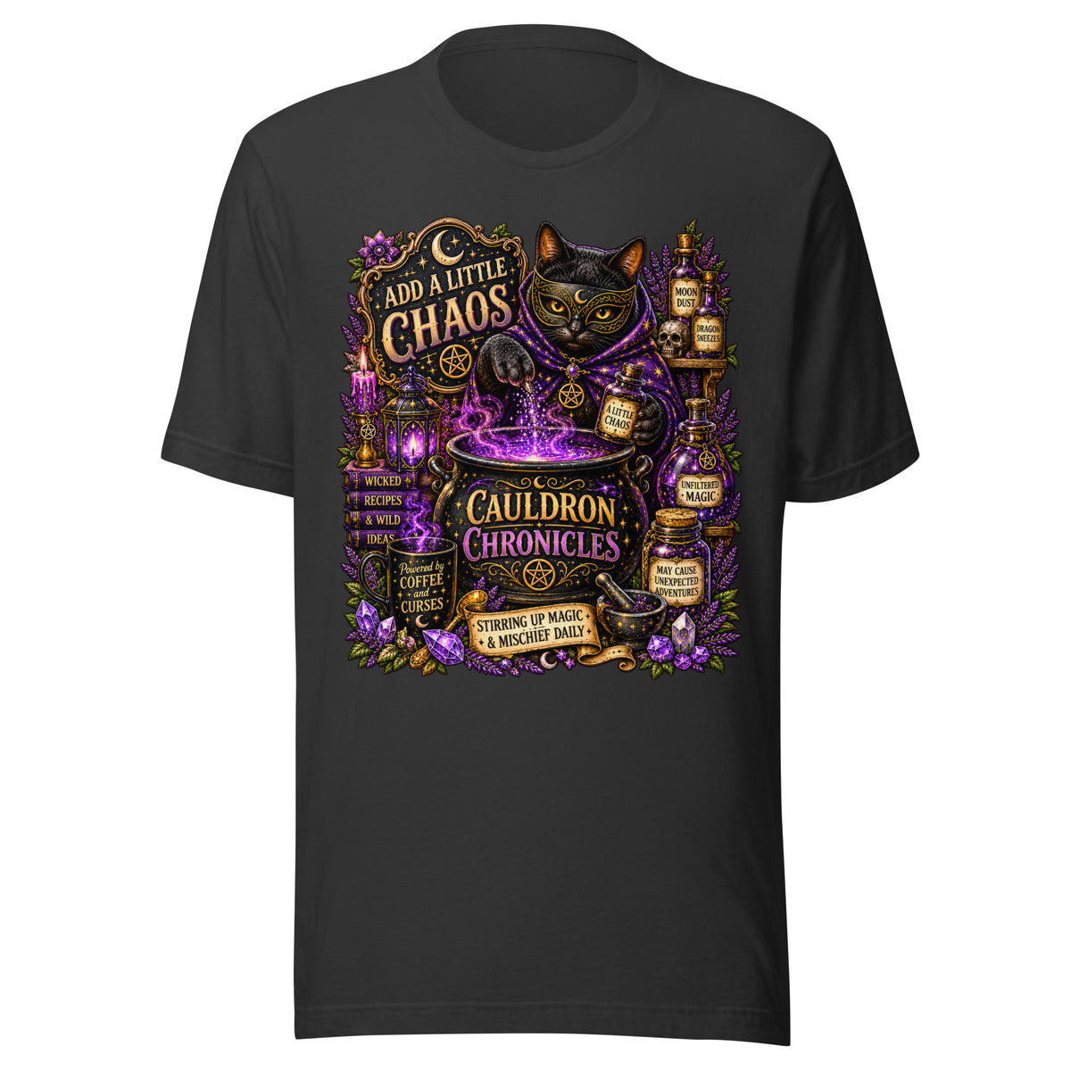 Add A Little Chaos design, a masked black cat stirring a bubbling purple cauldron, on a dark grey unisex t-shirt, front view