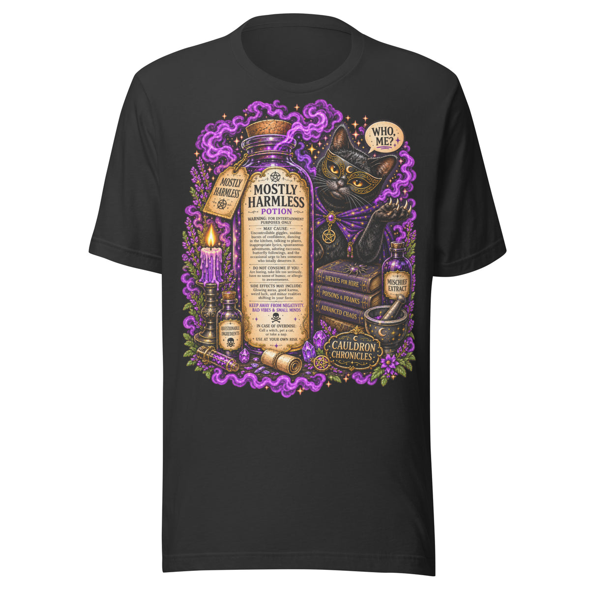 Mostly Harmless design, a potion bottle and a masked black cat, on a dark grey unisex t-shirt, front view