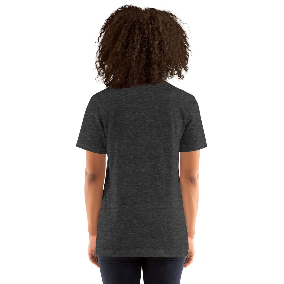 I Am Beautiful affirmation design with roses, butterflies and twin crescents in gold, on a dark grey heather unisex t-shirt, back view