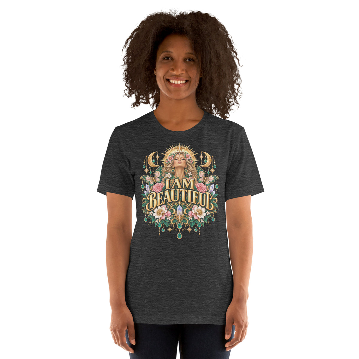 I Am Beautiful affirmation design with roses, butterflies and twin crescents in gold, on a dark grey heather unisex t-shirt, front view