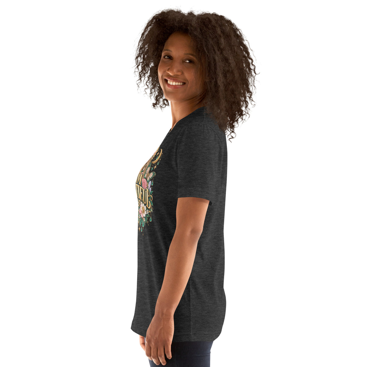 I Am Beautiful affirmation design with roses, butterflies and twin crescents in gold, on a dark grey heather unisex t-shirt, left side view