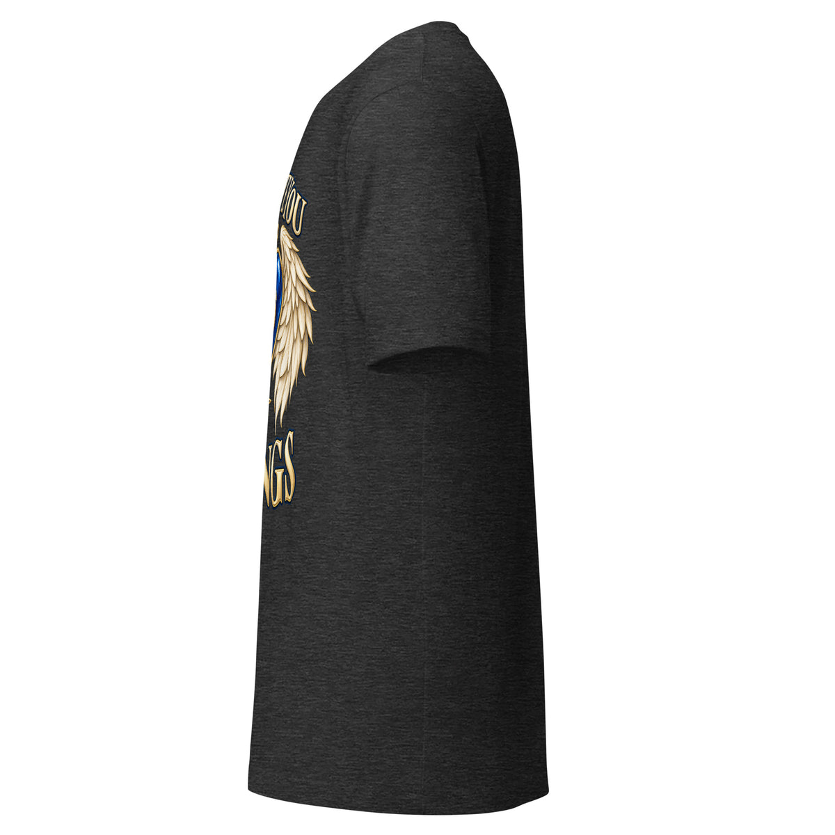 Love Gave You Wings design, a blue gem heart with a gold halo, cream angel wings and a gold dog paw print at its center, under gold lettering, on a dark grey heather unisex t-shirt, left side view