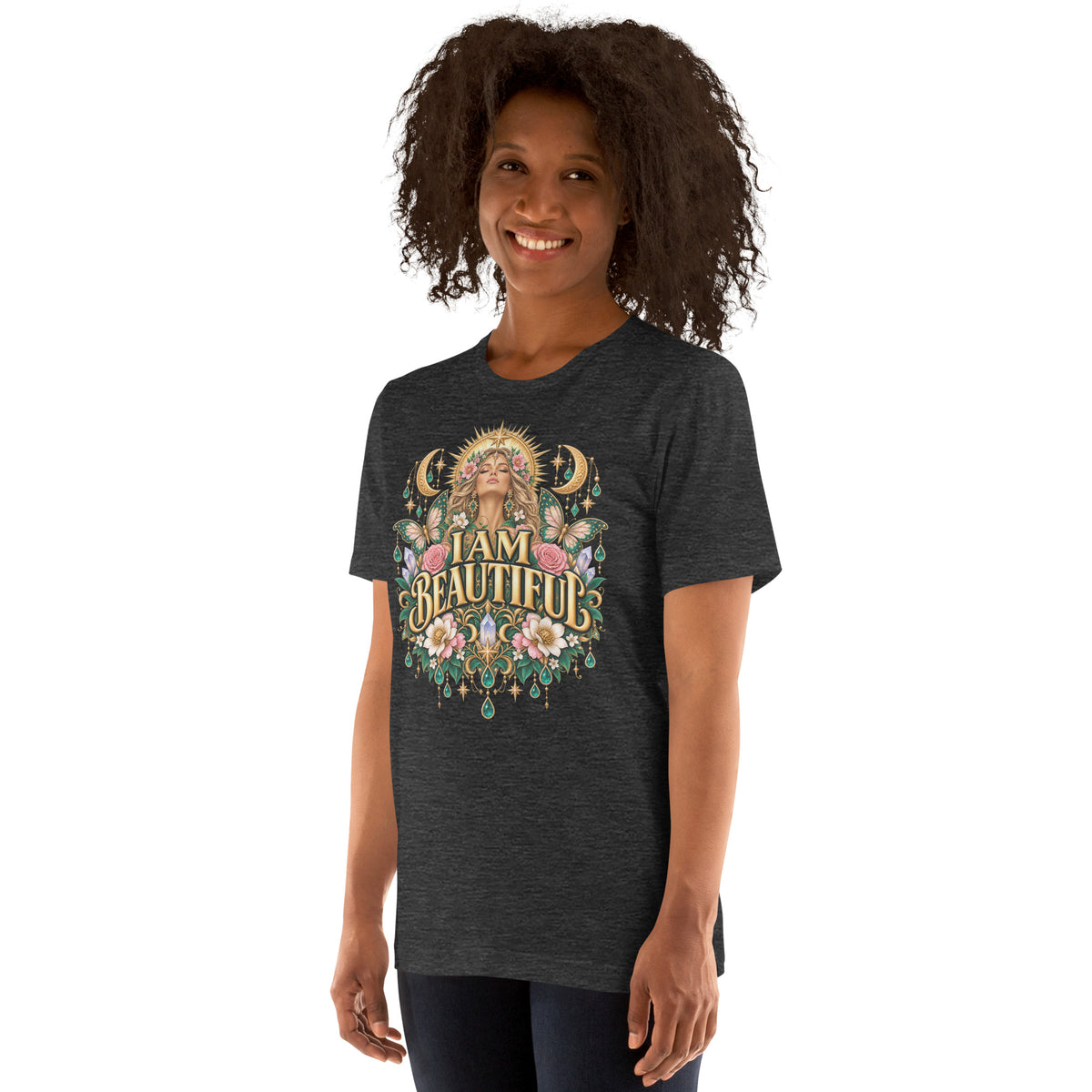 I Am Beautiful affirmation design with roses, butterflies and twin crescents in gold, on a dark grey heather unisex t-shirt, angled left front view