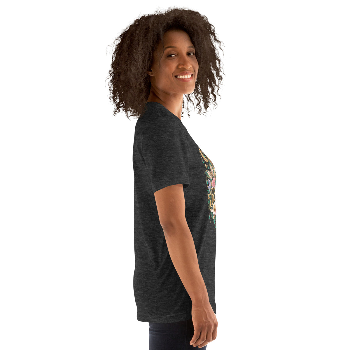 I Am Beautiful affirmation design with roses, butterflies and twin crescents in gold, on a dark grey heather unisex t-shirt, right side view