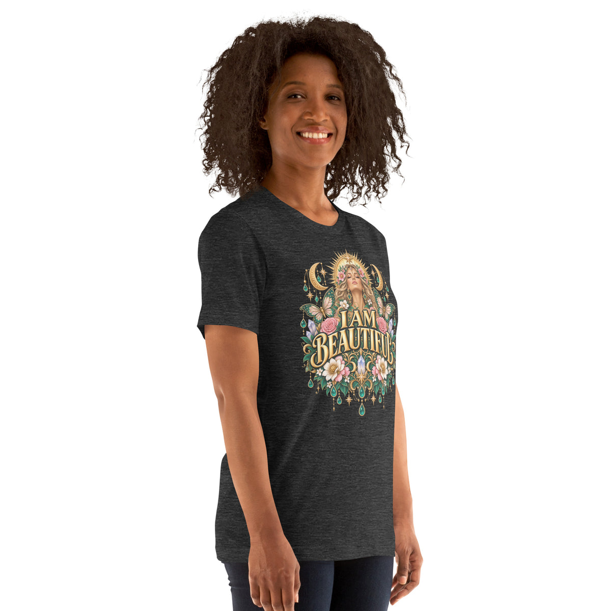 I Am Beautiful affirmation design with roses, butterflies and twin crescents in gold, on a dark grey heather unisex t-shirt, angled right front view
