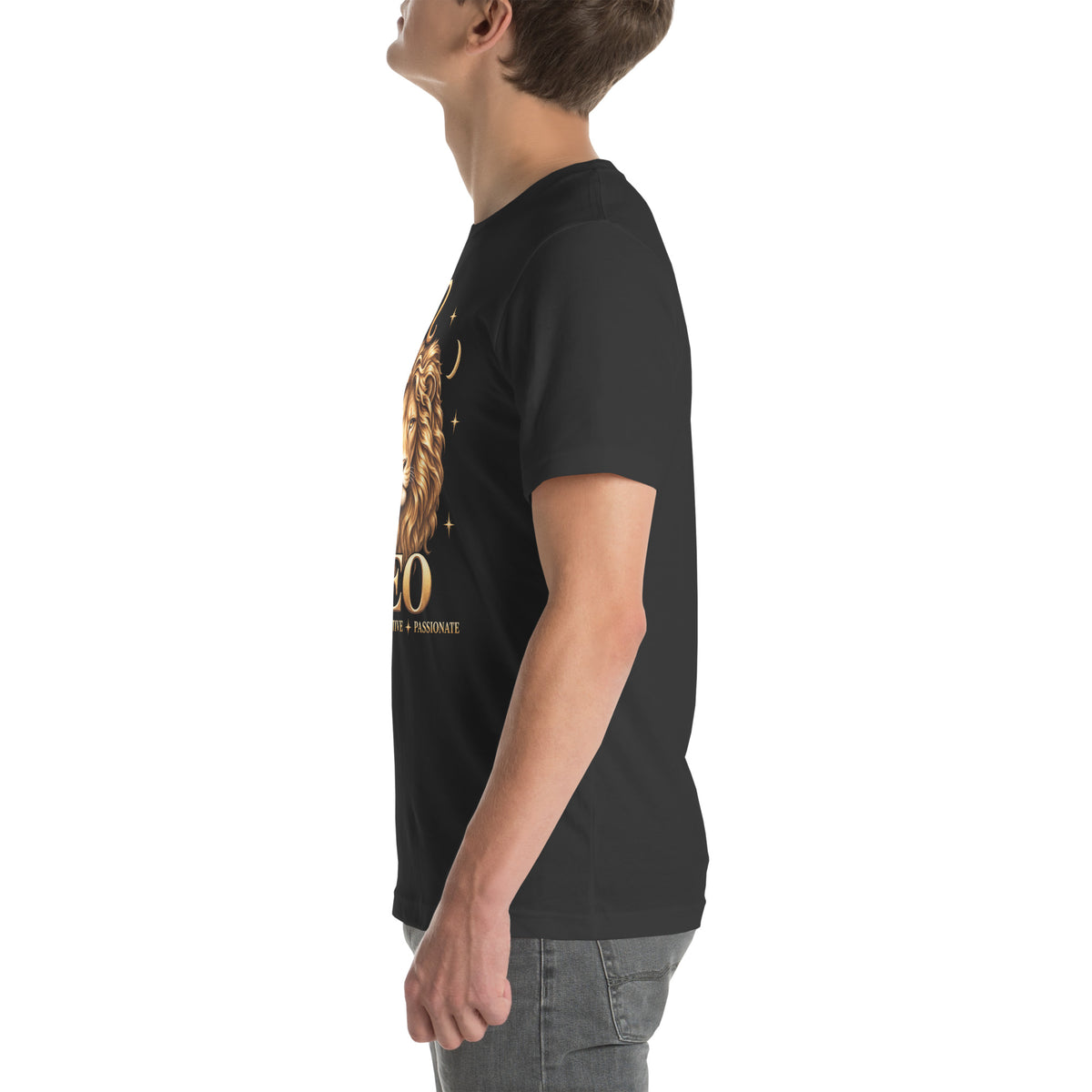 Leo zodiac t-shirt in dark grey, left side view