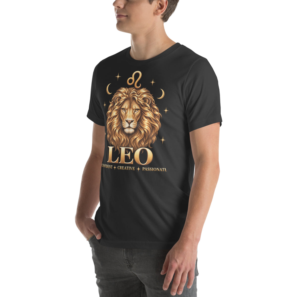 Leo zodiac t-shirt in dark grey, front view angled left