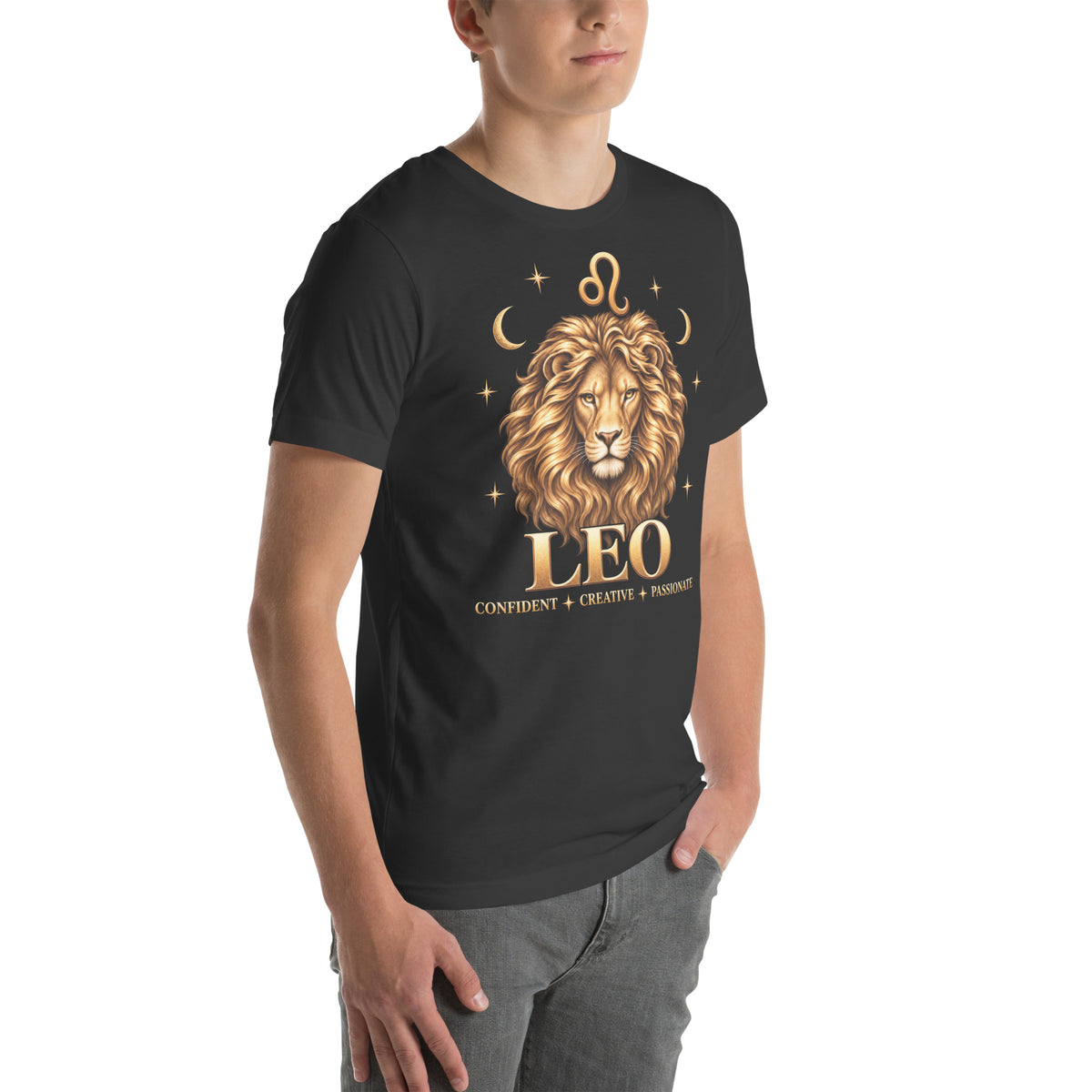 Leo zodiac t-shirt in dark grey, front view angled right